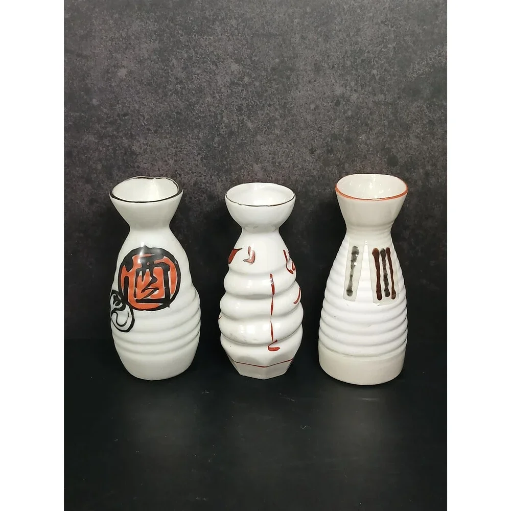 Vintage Japanese Porcelain Sake Bottle Set Calligraphy Ribbed Design
